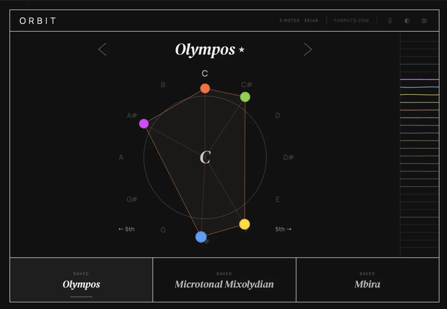 Orbit scale and tuning interface in dark mode