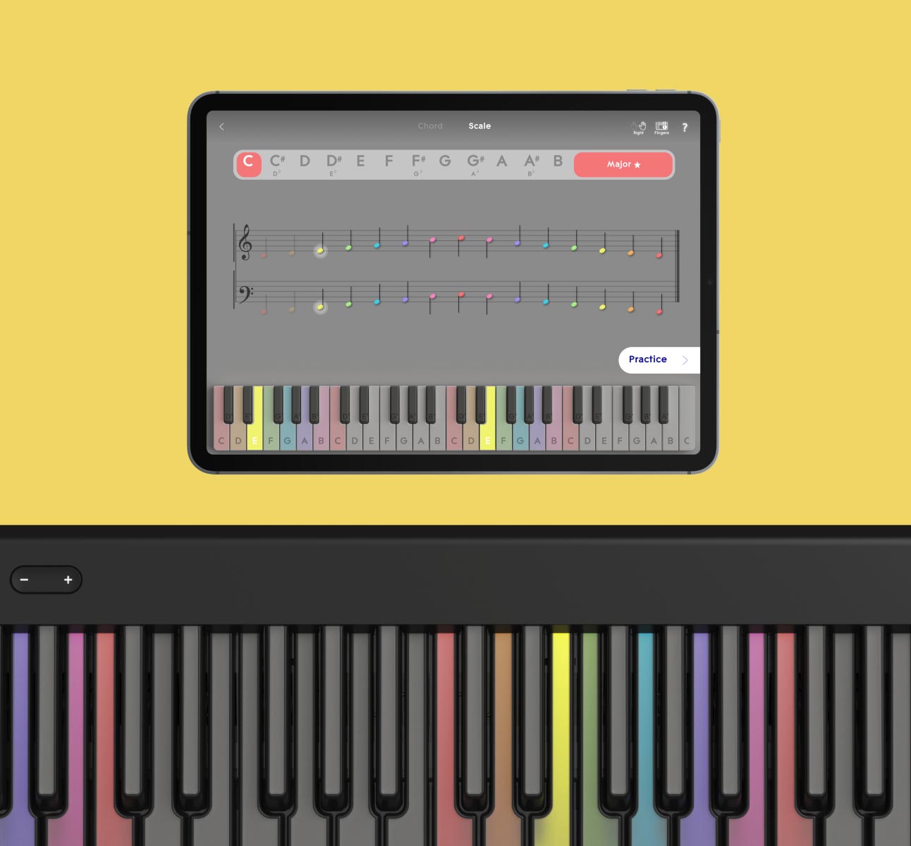 ROLI Learn showing musical notation, scales and illuminated keys